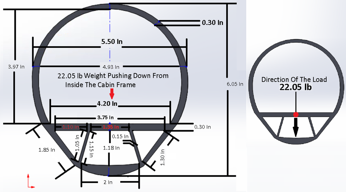 3.97 In
1.85 In
4.93 In
22.05 lb Weight Pushing Down From
Inside The Cabin Frame
0 In
1.05 In
5.50 In
1.15 In
4.20 In
3.75 In
1.35
0.15 In
1.18 In
2 In
1.30 In
0.30 In
0.30 In
6.05 In
Direction Of The Load
22.05 lb