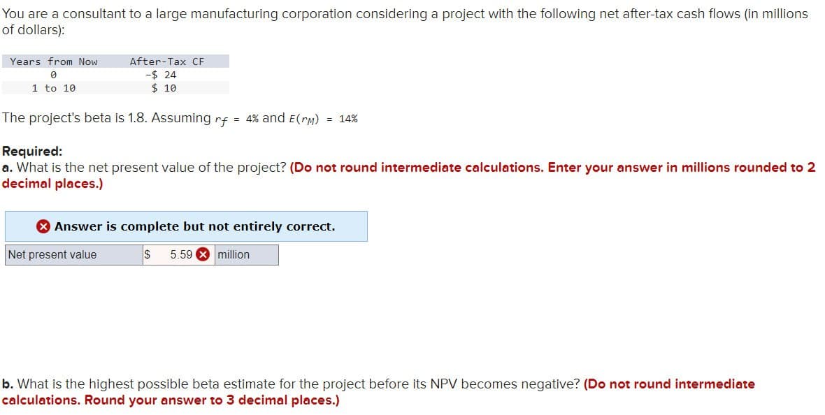 You are a consultant to a large manufacturing corporation considering a project with the following net after-tax cash flows (in millions
of dollars):
Years from Now
Ө
1 to 10
After Tax CF
-$ 24
$ 10
The project's beta is 1.8. Assuming r = 4% and E(M) = 14%
Required:
rf
a. What is the net present value of the project? (Do not round intermediate calculations. Enter your answer in millions rounded to 2
decimal places.)
> Answer is complete but not entirely correct.
Net present value
$ 5.59 million
b. What is the highest possible beta estimate for the project before its NPV becomes negative? (Do not round intermediate
calculations. Round your answer to 3 decimal places.)