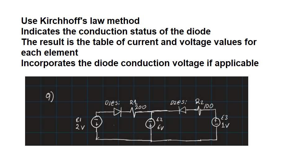 Use Kirchhoff's law method
Indicates the conduction status of the diode
The result is the table of current and voltage values for
each element
Incorporates the diode conduction voltage if applicable
9)
R1
200
Dzes; Rz
10,
ojesi
EI
E2
E3
