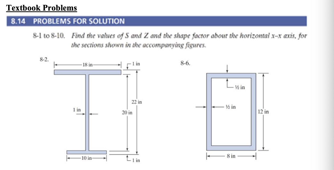 Textbook Problems
8.14 PROBLEMS FOR SOLUTION
8-1 to 8-10. Find the values of S and Z and the shape factor about the horizontal x-x axis, for
the sections shown in the accompanying figures.
8-2.
1 in
18 in-
1 in
20 in
22 in
8-6.
1/2 in
½ in
12 in
8 in
10 in-
-1 in
