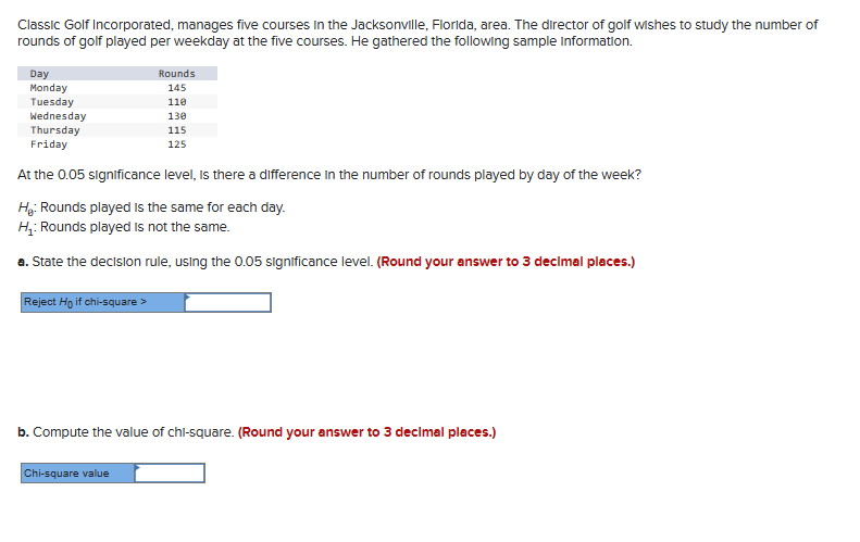 Classic Golf Incorporated, manages five courses in the Jacksonville, Florida, area. The director of golf wishes to study the number of
rounds of golf played per weekday at the five courses. He gathered the following sample Information.
Day
Rounds
Monday
145
Tuesday
110
Wednesday
130
Thursday
115
125
Friday
At the 0.05 significance level, is there a difference in the number of rounds played by day of the week?
HÅ: Rounds played is the same for each day.
H₁: Rounds played is not the same.
a. State the decision rule, using the 0.05 significance level. (Round your answer to 3 decimal places.)
Reject Ho if chi-square >
b. Compute the value of chi-square. (Round your answer to 3 decimal places.)
Chi-square value