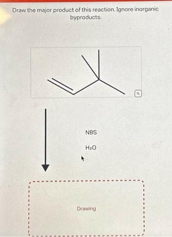 Draw the major product of this reaction. Ignore inorganic
byproducts.
NBS
H₂O
Drawing