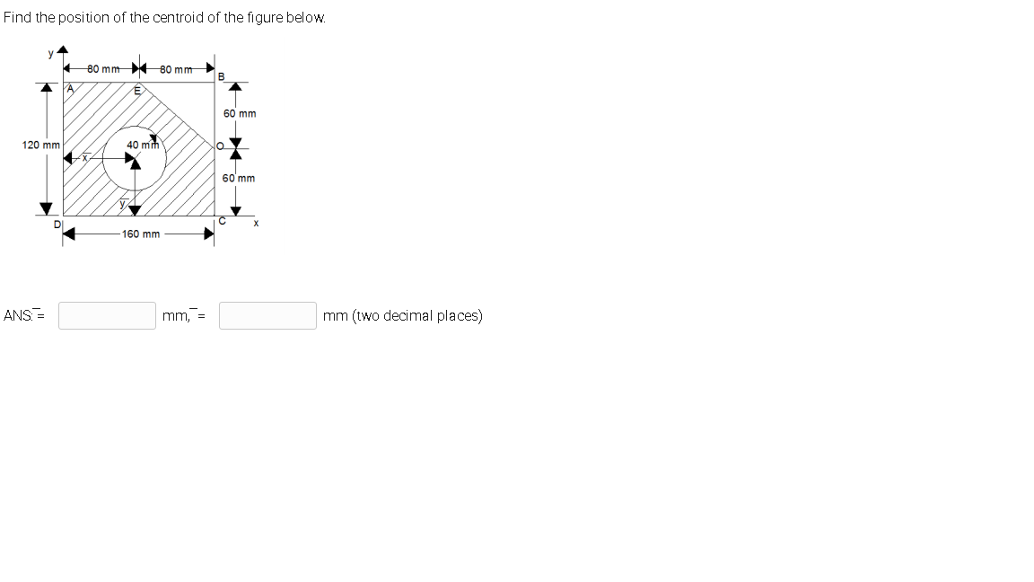 Find the position of the centroid of the figure below.
-80 mm 80 mm
B
60 mm
120 mm
40 mim
60 mm
160 mm
ANS=
mm, =
mm (two decimal places)

