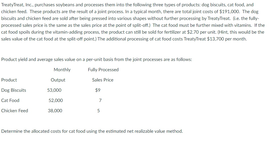 Treaty Treat, Inc., purchases soybeans and processes them into the following three types of products: dog biscuits, cat food, and
chicken feed. These products are the result of a joint process. In a typical month, there are total joint costs of $191,000. The dog
biscuits and chicken feed are sold after being pressed into various shapes without further processing by TreatyTreat. (i.e. the fully-
processed sales price is the same as the sales price at the point of split-off.) The cat food must be further mixed with vitamins. If the
cat food spoils during the vitamin-adding process, the product can still be sold for fertilizer at $2.70 per unit. (Hint, this would be the
sales value of the cat food at the split-off point.) The additional processing of cat food costs TreatyTreat $13,700 per month.
Product yield and average sales value on a per-unit basis from the joint processes are as follows:
Monthly
Fully Processed
Sales Price
$9
Product
Dog Biscuits
Cat Food
Chicken Feed
Output
53,000
52,000
38,000
7
5
Determine the allocated costs for cat food using the estimated net realizable value method.