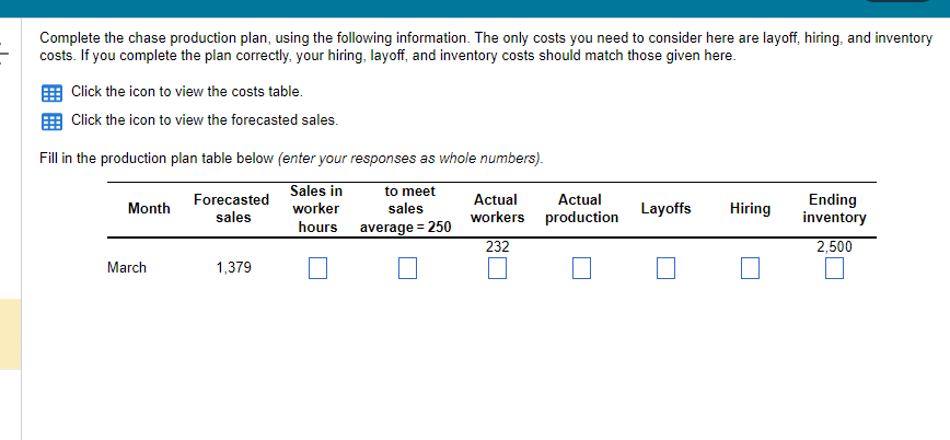 Complete the chase production plan, using the following information. The only costs you need to consider here are layoff, hiring, and inventory
costs. If you complete the plan correctly, your hiring, layoff, and inventory costs should match those given here.
Click the icon to view the costs table.
Click the icon to view the forecasted sales.
Fill in the production plan table below (enter your responses as whole numbers).
Sales in
worker
hours
Month
March
Forecasted
sales
1,379
to meet
sales
average = 250
Actual
workers
232
Actual
production
Layoffs
Hiring
Ending
inventory
2,500