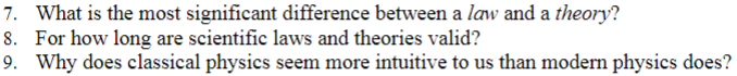 What is the most significant difference between a law and a theory?
For how long are scientific laws and theories valid?
Why does classical physics seem more intuitive to us than modern physics does?
