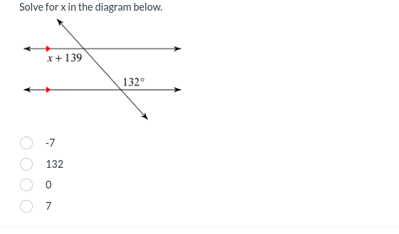 Solve for x in the diagram below.
x+139
-7
132
0
7
132°