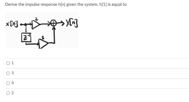 Derive the impulse response h[n] given the system. h[1] is equal to
O 2

