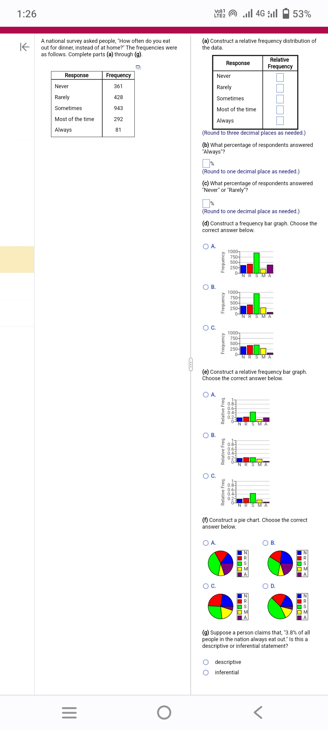 1:26
K
A national survey asked people, "How often do you eat
out for dinner, instead of at home?" The frequencies were
as follows. Complete parts (a) through (g).
Response
Never
Rarely
Sometimes.
Most of the time
Always
|||
=
Frequency
361
428
943
292
81
D
O
Vo) 1
LTE2
(a) Construct a relative frequency distribution of
the data.
O
A.
Sometimes
Most of the time
Always
(Round to three decimal places as needed.)
(b) What percentage of respondents answered
"Always"?
B.
(Round to one decimal place as needed.)
(c) What percentage of respondents answered.
"Never" or "Rarely"?
C.
(Round to one decimal place as needed.)
(d) Construct a frequency bar graph. Choose the
correct answer below.
A.
Never
Rarely
B.
O A.
Frequency
O C.
Frequency
Frequency
Response
Relative Freq.
Relative Freq.
Relative Freq.
1000-
750-
500-
250-
0-
1000
750-
500-
250-
0-
(e) Construct a relative frequency bar graph.
Choose the correct answer below.
1000-
750-
500-
250-
wwwww
NO
MAT
...| 46 |
0.2
0-
NO
NRSMA
NRSMA
NR SMA
Relative
Frequency
NR SMA
NRSMA
☐☐☐☐☐
☐☐☐☐☐
descriptive
inferential
(f) Construct a pie chart. Choose the correct
answer below.
53%
MASMA
SMA
MASMA
O B.
D.
☐☐☐☐☐
MASMA
MRSMA
N
(g) Suppose a person claims that, "3.8% of all
people in the nation always eat out." Is this a
descriptive or inferential statement?