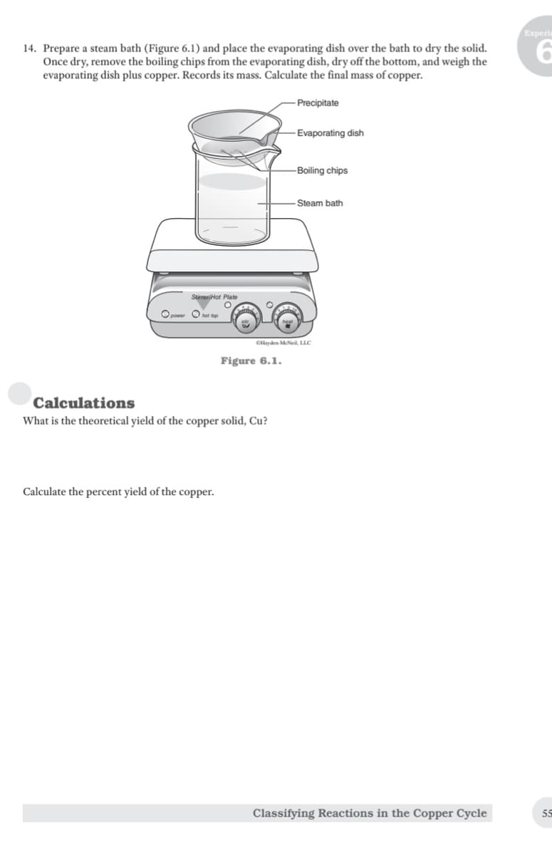 14. Prepare a steam bath (Figure 6.1) and place the evaporating dish over the bath to dry the solid.
Once dry, remove the boiling chips from the evaporating dish, dry off the bottom, and weigh the
evaporating dish plus copper. Records its mass. Calculate the final mass of copper.
power
StirreriHot Plate
hot top
Calculate the percent yield of the copper.
Figure 6.1.
Calculations
What is the theoretical yield of the copper solid, Cu?
Precipitate
-Evaporating dish
-Boiling chips
CHayden McNeil, LLC
-Steam bath
Classifying Reactions in the Copper Cycle
Experi
6
55