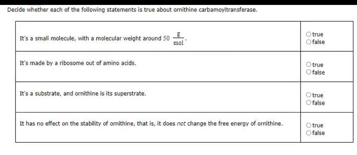 Decide whether each of the following statements is true about ornithine carbamoyltransferase.
It's a small molecule, with a molecular weight around 50
mol
It's made by a ribosome out of amino acids.
It's a substrate, and ornithine is its superstrate.
It has no effect on the stability of ornithine, that is, it does not change the free energy of ornithine.
true
false
true
false
true
false
Otrue
false