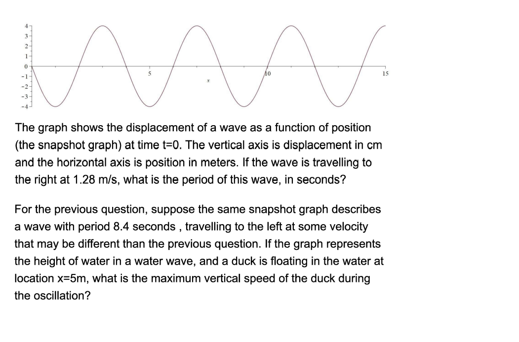 1
0
Áo
15
The graph shows the displacement of a wave as a function of position
(the snapshot graph) at time t=0. The vertical axis is displacement in cm
and the horizontal axis is position in meters. If the wave is travelling to
the right at 1.28 m/s, what is the period of this wave, in seconds?
For the previous question, suppose the same snapshot graph describes
a wave with period 8.4 seconds, travelling to the left at some velocity
that may be different than the previous question. If the graph represents
the height of water in a water wave, and a duck is floating in the water at
location x=5m, what is the maximum vertical speed of the duck during
the oscillation?