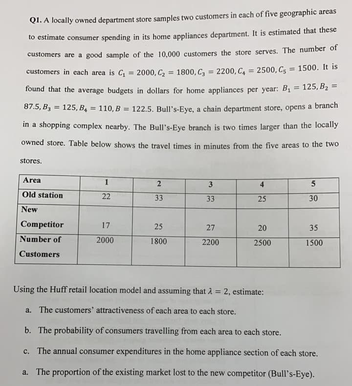 QI. A locally owned department store samples two customers in each of five geographic areas
to estimate consumer spending in its home appliances department. It is estimated that these
customers are a good sample of the 10,000 customers the store serves. The number of
customers in each area is C, = 2000, C, = 1800, C, = 2200, C, = 2500, Cs = 1500. It is
found that the average budgets in dollars for home appliances per year: B1 = 125, B2 =
87.5, B3 = 125, B4 = 110, B = 122.5. Bull's-Eye, a chain department store, opens a branch
%3D
in a shopping complex nearby. The Bull's-Eye branch is two times larger than the locally
owned store. Table below shows the travel times in minutes from the five areas to the two
stores.
Area
1
2
3
4
Old station
22
33
33
30
New
Competitor
17
25
27
20
35
Number of
2000
1800
2200
2500
1500
Customers
Using the Huff retail location model and assuming that A = 2, estimate:
%3D
a. The customers' attractiveness of each area to each store.
b. The probability of consumers travelling from each area to each store.
c. The annual consumer expenditures in the home appliance section of each store.
a. The proportion of the existing market lost to the new competitor (Bull's-Eye).
25
