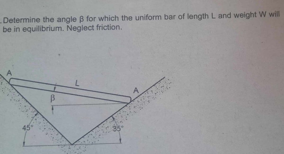 . Determine the angle ß for which the uniform bar of length L and weight W will
be in equilibrium. Neglect friction.
45
В
L
35°
A