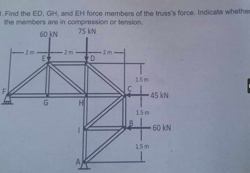. Find the ED, GH, and EH force members of the truss's force. Indicate whether
the members are in compression or tension.
75 kN
60 kN
2m
E
G
2m
H
D
2 m
BE
1.5 m
1.5 m
1.5 m
45 KN
60 kN