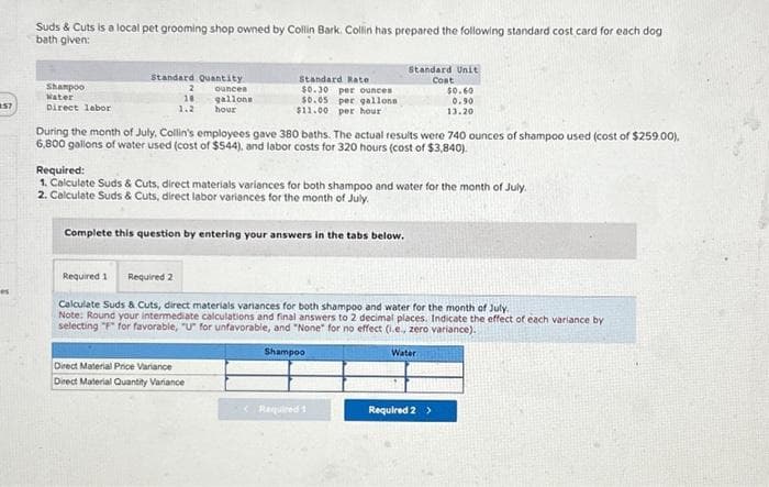 857
es
Suds & Cuts is a local pet grooming shop owned by Collin Bark. Collin has prepared the following standard cost card for each dog
bath given:
Shampoo
Water
Direct labor
Standard Quantity
ounces
gallons
hour
2
18
1.2
Required 1 Required 2
Standard Rate
$0.30 per ounces
$0.05 per gallons
$11.00
per hour
During the month of July, Collin's employees gave 380 baths. The actual results were 740 ounces of shampoo used (cost of $259.00).
6,800 gallons of water used (cost of $544), and labor costs for 320 hours (cost of $3,840).
Standard Unit
Cost
Required:
1. Calculate Suds & Cuts, direct materials variances for both shampoo and water for the month of July.
2. Calculate Suds & Cuts, direct labor variances for the month of July.
Complete this question by entering your answers in the tabs below.
Direct Material Price Variance
Direct Material Quantity Variance
$0.60
0.90
13.20
Calculate Suds & Cuts, direct materials variances for both shampoo and water for the month of July.
Note: Round your intermediate calculations and final answers to 2 decimal places. Indicate the effect of each variance by
selecting "F" for favorable, "U" for unfavorable, and "None" for no effect (i.e., zero variance).
Shampoo
Water
Required 1
Required 2 >