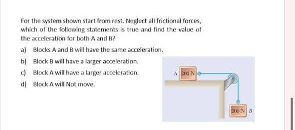For the system shown start from rest. Neglect all frictional forces,
which of the following statements is true and find the value of
the acceleration for both A and B?
a) Blocks A and B will have the same acceleration.
b) Block B will have a larger acceleration.
c)
Block A will have a larger acceleration.
A 200 Ne
d) Block A will Not move.
200N B