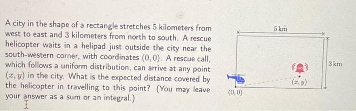 A city in the shape of a rectangle stretches 5 kilometers from
west to east and 3 kilometers from north to south. A rescue
helicopter waits in a helipad just outside the city near the
south-western corner, with coordinates (0,0). A rescue call,
which follows a uniform distribution, can arrive at any point
(x, y) in the city. What is the expected distance covered by
the helicopter in travelling to this point? (You may leave
your answer as a sum or an integral.)
5 km
3 km
(2, y)
(0,0)
