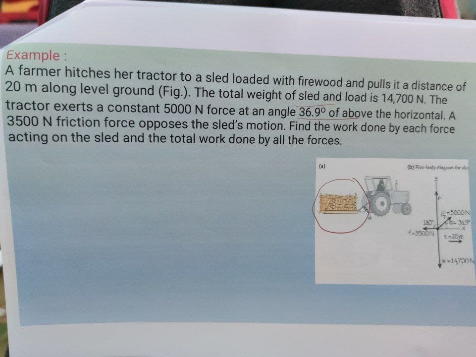 Example:
A farmer hitches her tractor to a sled loaded with firewood and pulls it a distance of
20 m along level ground (Fig.). The total weight of sled and load is 14,700 N. The
tractor exerts a constant 5000 N force at an angle 36.9° of above the horizontal. A
3500 N friction force opposes the sled's motion. Find the work done by each force
acting on the sled and the total work done by all the forces.
(a)
(b) Free-hndy diagram for sle
E-500ON
180
369
f-3500N
S-20m
