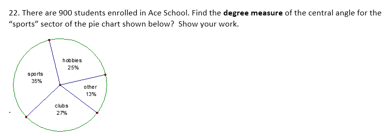 22. There are 900 students enrolled in Ace School. Find the degree measure of the central angle for the
"sports" sector of the pie chart shown below? Show your work.
sports
35%
hobbies
25%
clubs
27%
other
13%