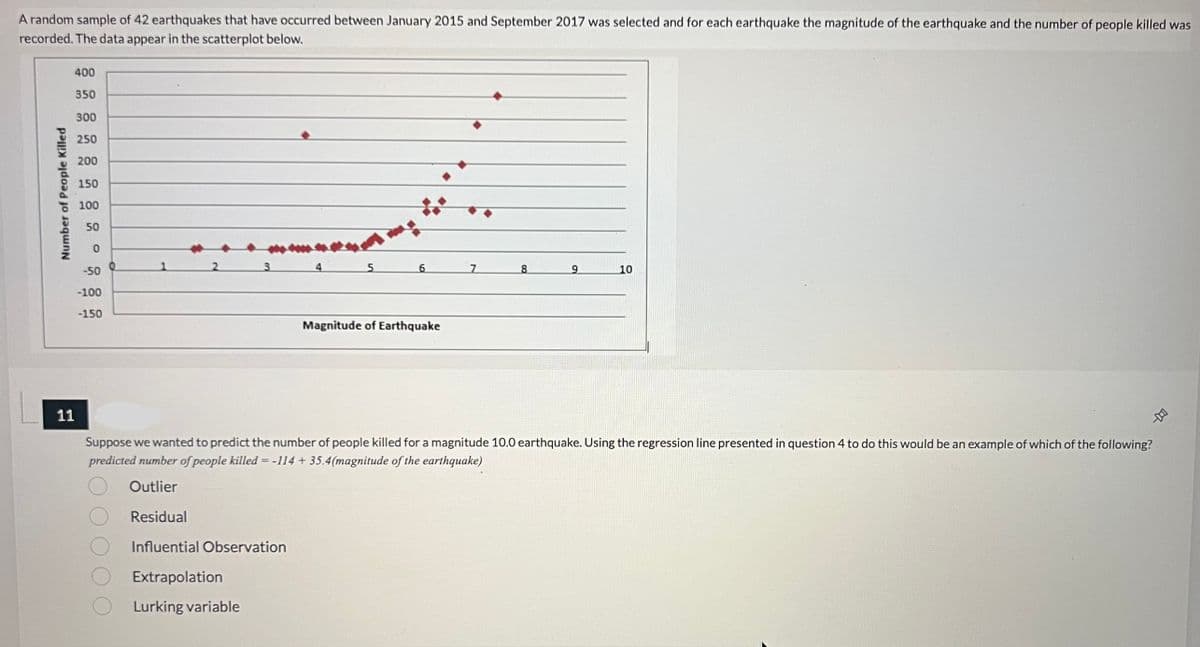 A random sample of 42 earthquakes that have occurred between January 2015 and September 2017 was selected and for each earthquake the magnitude of the earthquake and the number of people killed was
recorded. The data appear in the scatterplot below.
400
350
300
250
200
150
100
50
0
3
8
9
10
-50
-100
-150
Magnitude of Earthquake
11
Suppose we wanted to predict the number of people killed for a magnitude 10.0 earthquake. Using the regression line presented in question 4 to do this would be an example of which of the following?
predicted number of people killed =-114 + 35.4(magnitude of the earthquake)
Outlier
Residual
Influential Observation
Extrapolation
Lurking variable
Number of People Killed
-D