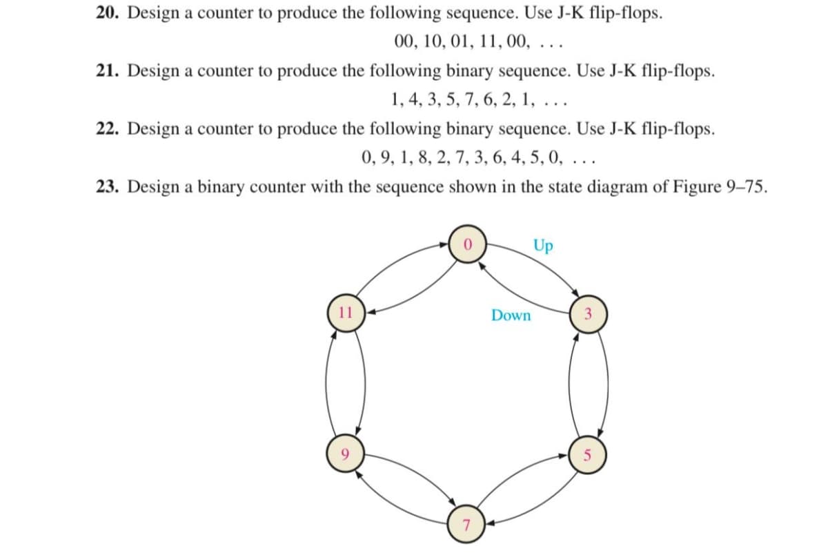 20. Design a counter to produce the following sequence. Use J-K flip-flops.
00, 10, 01, 11,00, ...
21. Design a counter to produce the following binary sequence. Use J-K flip-flops.
1, 4, 3, 5, 7, 6, 2, 1, ...
22. Design a counter to produce the following binary sequence. Use J-K flip-flops.
0, 9, 1, 8, 2, 7, 3, 6, 4, 5, 0, ..
23. Design a binary counter with the sequence shown in the state diagram of Figure 9–75.
Up
11
Down
