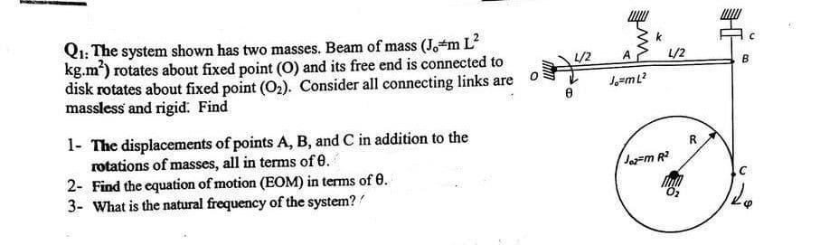 Q1: The system shown has two masses. Beam of mass (Jo#m L²
kg.m²) rotates about fixed point (O) and its free end is connected to
disk rotates about fixed point (O₂). Consider all connecting links are
massless and rigid. Find
1- The displacements of points A, B, and C in addition to the
rotations of masses, all in terms of 0.
2- Find the equation of motion (EOM) in terms of 0.
3- What is the natural frequency of the system?
L/2
A
Jo=m L²
k
L/2
Joz-m R²
full
0₂
R
U
B
C