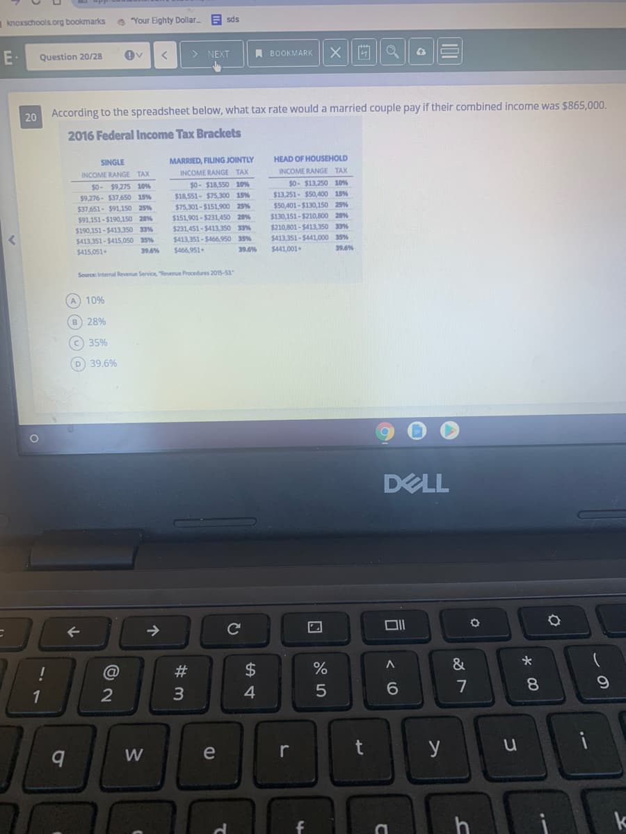 knoxschools.org bookmarks
e "Your Eighty Dollar.
E sds
E-
Question 20/28
A BOOKMARK
NEXT
20 According to the spreadsheet below, what tax rate would a married couple pay if their combined income was $865,000.
2016 Federal Income Tax Brackets
自商酒
SINGLE
MARRIED, FILING JOINTLY
HEAD OF HOUSEHOLD
INCOME RANGE TAX
INCOME RANGE TAX
INCOME RANGE TAX
$0- $18,550 10%
$18,551- $75,300 15%
$75,301- $151,900 25%
$0- $9,275 10%
$0- $13,250 10%
$13,251- $50,400 15%
$9,276- $37,650 15%
$37,651- $91,150 25%
$50,401-$130,150 25%
$91,151-$190,150 28%
$190,151-$413,350 33%
$413,351- $415,050 35%
$415,051+
$151,901- $231,450 28%
$130,151-$210,800 28%
$231,451-$413,350 33%
$413,351-$466,950 35%
$466, 951+
$210,801- $413,350 33%
$413,351 - $441,000 35%
39.6%
39.6%
$441,001+
39.6%
Source: Internal Revenue Service, "Revenue Procedures 2015-53
10%
28%
35%
39.6%
DELL
->
@
23
&
2
3
4.
6.
7
8.
W
e
y
CU
O O O O
