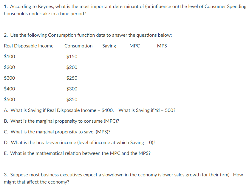 1. According to Keynes, what is the most important determinant of (or influence on) the level of Consumer Spending
households undertake in a time period?
2. Use the following Consumption function data to answer the questions below:
Real Disposable Income
Consumption
Saving
MPC
MPS
$100
$150
$200
$200
$300
$250
$400
$300
$500
$350
A. What is Saving if Real Disposable Income = $400. What is Saving if Yd = 500?
B. What is the marginal propensity to consume (MPC)?
C. What is the marginal propensity to save (MPS)?
D. What is the break-even income (level of income at which Saving = 0)?
E. What is the mathematical relation between the MPC and the MPS?
3. Suppose most business executives expect a slowdown in the economy (slower sales growth for their fiırm). How
might that affect the economy?
