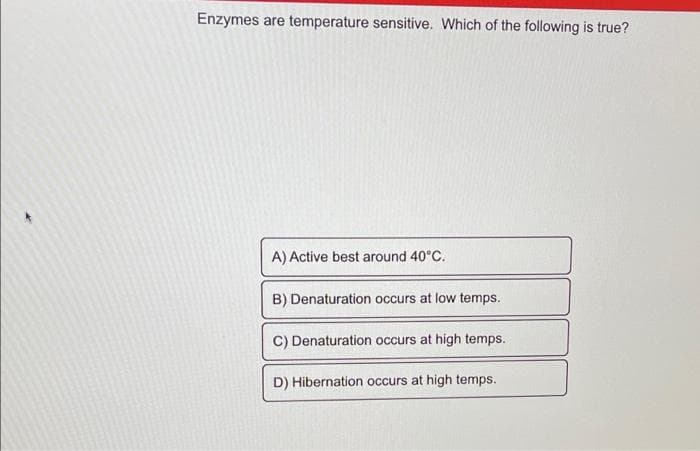 Enzymes are temperature sensitive. Which of the following is true?
A) Active best around 40°C.
B) Denaturation occurs at low temps.
C) Denaturation occurs at high temps.
D) Hibernation occurs at high temps.
