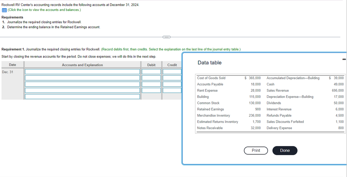 Rockwell RV Center's accounting records include the following accounts at December 31, 2024.
(Click the icon to view the accounts and balances.)
Requirements
1. Journalize the required closing entries for Rockwell.
2. Determine the ending balance in the Retained Earnings account.
Requirement 1. Journalize the required closing entries for Rockwell. (Record debits first, then credits. Select the explanation on the last line of the journal entry table.)
Start by closing the revenue accounts for the period. Do not close expenses; we will do this in the next step.
Date
Accounts and Explanation
Dec. 31
-C
Debit
Credit
Data table
Cost of Goods Sold
Accounts Payable
Rent Expense
Building
Common Stock
Retained Earnings
Merchandise Inventory
Estimated Returns Inventory
Notes Receivable
$365,000
18,000
28,000
115,000
130,000
900
236,000
1,700
32,000
Print
Accumulated Depreciation-Building
Cash
Sales Revenue
Depreciation Expense-Building
Dividends
Interest Revenue
Refunds Payable
Sales Discounts Forfeited
Delivery Expense
Done
$ 39,000
49,000
695,000
17,000
50,000
6,000
4,500
1,100
800