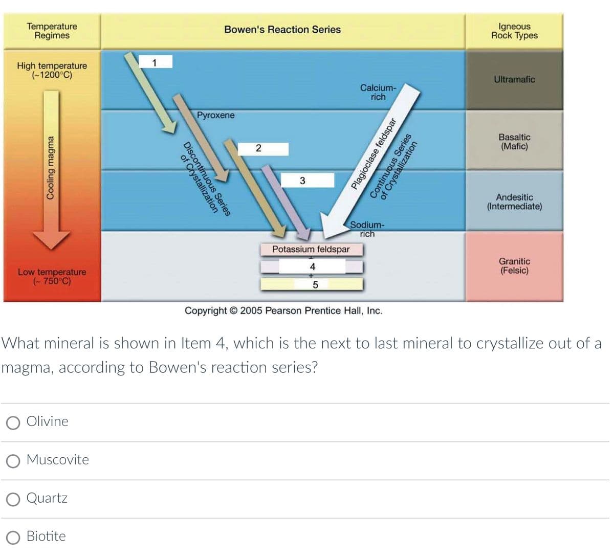 Temperature
Regimes
High temperature
(-1200°C)
Cooling magma
Low temperature
(~750°C)
O Olivine
O Muscovite
O Quartz
1
Biotite
Pyroxene
finuoustion
Bowen's Reaction Series
s Series
2
3
Potassium feldspar
4
5
Calcium-
rich
Sodium-
rich
Copyright © 2005 Pearson Prentice Hall, Inc.
Plagioclase feldspar
Continuous Series
of Crystallization
Igneous
Rock Types
Ultramafic
Basaltic
(Mafic)
Andesitic
(Intermediate)
What mineral is shown in Item 4, which is the next to last mineral to crystallize out of a
magma, according to Bowen's reaction series?
Granitic
(Felsic)