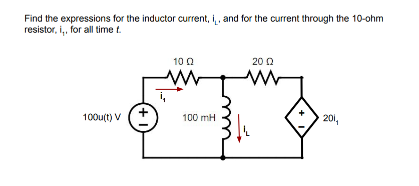 Find the expressions for the inductor current, ¡, and for the current through the 10-ohm
resistor, i,, for all time t.
100u(t) V
+
10 Q2
100 mH
20 Ω
+
I
201₁