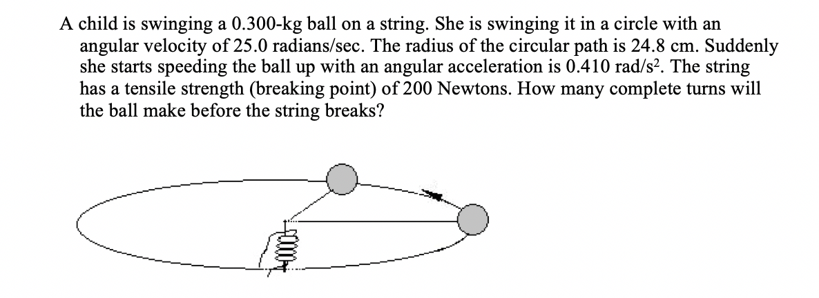 A child is swinging a 0.300-kg ball on a string. She is swinging it in a circle with an
angular velocity of 25.0 radians/sec. The radius of the circular path is 24.8 cm. Suddenly
she starts speeding the ball up with an angular acceleration is 0.410 rad/s². The string
has a tensile strength (breaking point) of 200 Newtons. How many complete turns will
the ball make before the string breaks?
