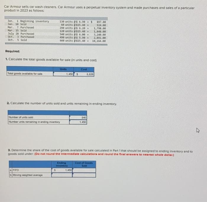 Car Armour sells car wash cleaners. Car Armour uses a perpetual inventory system and made purchases and sales of a particular
product in 2023 as follows:
Jan. 1 Beginning inventory
Jan. 18 Sold
Mar. 7. Purchased
Mar. 15 Sold
July 28 Purchased
Oct. 3 Purchased
Oct. 5 Sold
Total goods available for sale
130 units @s 6.90
60 units @$15.40
290 units @$ 6.20-
120 units @$15.40-
540 units @s 6.00-
490 units @s 5.90-
660 units @$15.40-
Required:
1. Calculate the total goods available for sale (in units and cost).
Units
Number of units sold
Number units remaining in ending inventory
FIFO
bMoving weighted average
1,450 $
Cost
2. Calculate the number of units sold and units remaining in ending inventory.
Ending
Inventory
S
1,450
897.00
924.00
1,798.00
1,848.00
3,240.00
2,891.00
10,164.00
840
1,450
3. Determine the share of the cost of goods available for sale calculated in Part 1 that should be assigned to ending inventory and to
goods sold under. (Do not round the Intermediate calculations and round the final answers to nearest whole dollar.)
8,820
Cost of Goods
Sold