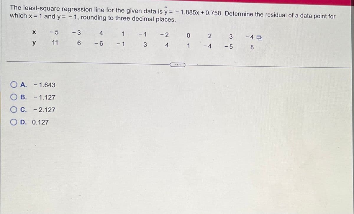 The least-square regression line for the given data is y = - 1.885x +0.758. Determine the residual of a data point for
which x = 1 and y=-1, rounding to three decimal places.
OA.
X
y
-5 - 3
11
6
- 1.643
B. - 1.127
C. -2.127
D. 0.127
4
-6
1
- 1
- 1
3
-2
4
0
1
2
-4
3
-5
-40