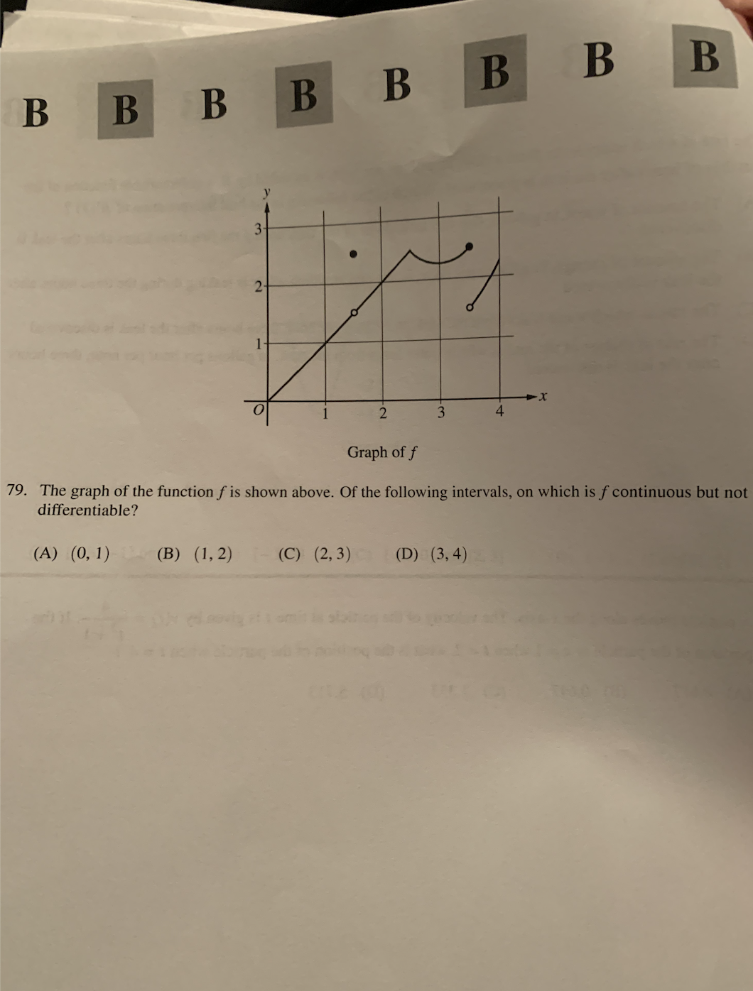 B
В В
B
В В
B
B
B
3-
2-
4
Graph of f
79. The graph of the function f is shown above. Of the following intervals, on which is f continuous but not
differentiable?
(A) (0, 1)
(B) (1, 2)
(C) (2, 3)
(D) (3, 4)
