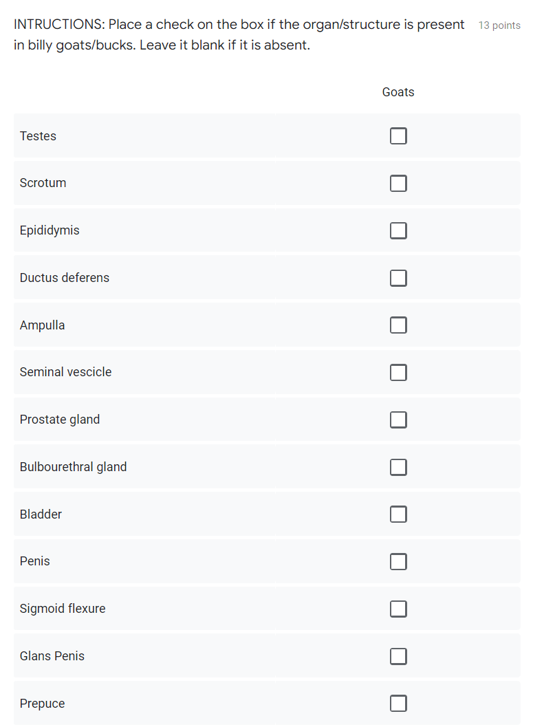 INTRUCTIONS: Place a check on the box if the organ/structure is present 13 points
in billy goats/bucks. Leave it blank if it is absent.
Goats
Testes
Scrotum
Epididymis
Ductus deferens
Ampulla
Seminal vescicle
Prostate gland
Bulbourethral gland
Bladder
Penis
Sigmoid flexure
Glans Penis
Prepuce
O O O O O O O O O
