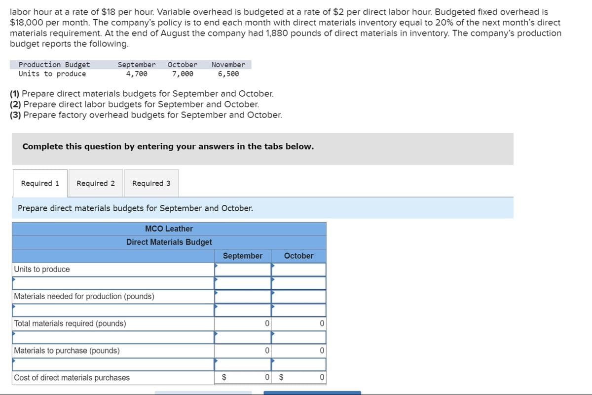 labor hour at a rate of $18 per hour. Variable overhead is budgeted at a rate of $2 per direct labor hour. Budgeted fixed overhead is
$18,000 per month. The company's policy is to end each month with direct materials inventory equal to 20% of the next month's direct
materials requirement. At the end of August the company had 1,880 pounds of direct materials in inventory. The company's production
budget reports the following.
Production Budget
Units to produce
September
4,700
October
7,000
November
6,500
(1) Prepare direct materials budgets for September and October.
(2) Prepare direct labor budgets for September and October.
(3) Prepare factory overhead budgets for September and October.
Complete this question by entering your answers in the tabs below.
Required 1 Required 2
Required 3
Prepare direct materials budgets for September and October.
MCO Leather
Direct Materials Budget
September
October
Units to produce
Materials needed for production (pounds)
Total materials required (pounds)
0
0
Materials to purchase (pounds)
0
0
Cost of direct materials purchases
$
0
$
0