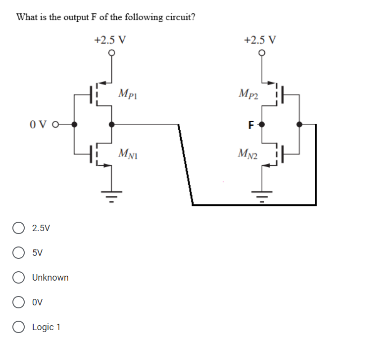 What is the output F of the following circuit?
+2.5 V
OVO
2.5V
5V
Unknown
OV
Logic 1
Mp1
MNI
+2.5 V
Mp2
F
MN2