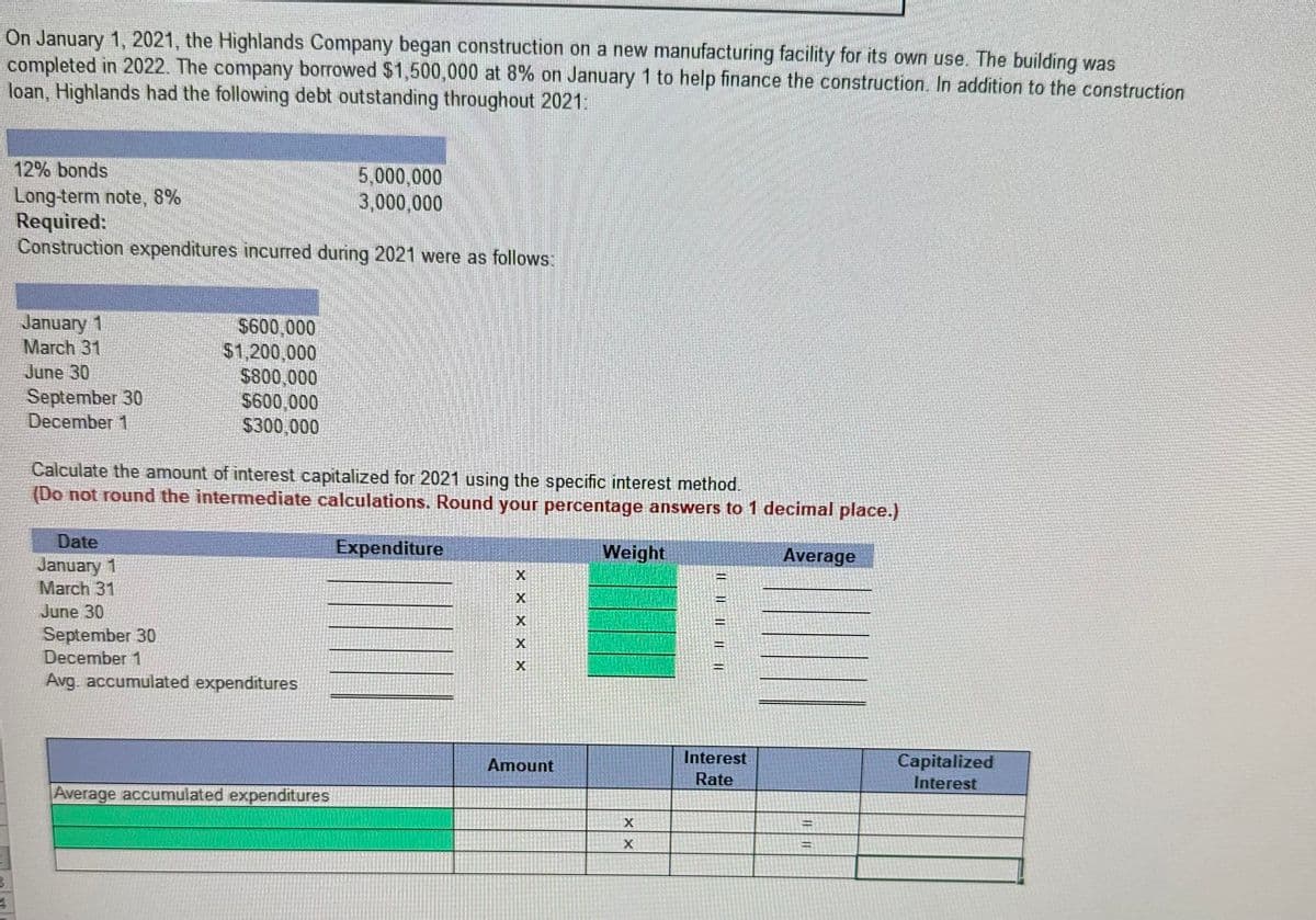 On January 1, 2021, the Highlands Company began construction on a new manufacturing facility for its own use. The building was
completed in 2022. The company borrowed $1,500,000 at 8% on January 1 to help finance the construction. In addition to the construction
loan, Highlands had the following debt outstanding throughout 2021:
B
4
12% bonds
Long-term note, 8%
Required:
Construction expenditures incurred during 2021 were as follows:
January 1
March 31
June 30
September 30
December 1
$600,000
$1,200,000
$800,000
$600.000
$300,000
Calculate the amount of interest capitalized for 2021 using the specific interest method.
(Do not round the intermediate calculations. Round your percentage answers to 1 decimal place.)
Expenditure
Average
Date
January 1
March 31
June 30
September 30
December 1
Avg. accumulated expenditures
5,000,000
3,000,000
Average accumulated expenditures
X X X X X
Amount
Weight
X
X
IIII||
Interest
Rate
P
Capitalized
Interest