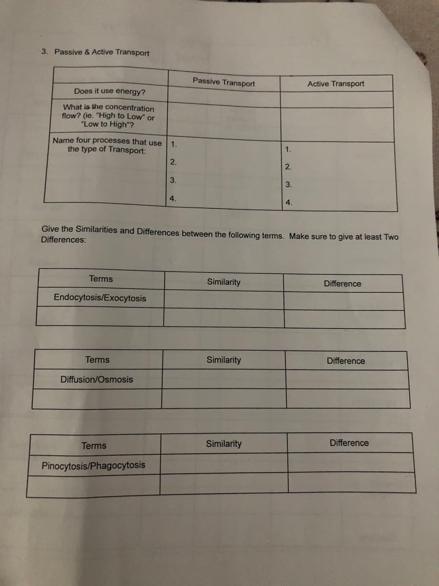 3. Passive & Active Transport
Passive Transport
Active Transport
Does it use energy?
What is the concentration
flow? (ie. "High to Low" or
"Low to High"?
Name four processes that use
the type of Transport:
1.
1.
2.
2.
3.
3.
4.
4.
Give the Similarities and Differences between the following terms. Make sure to give at least Two
Differences:
Terms
Similarity
Difference
Endocytosis/Exocytosis
Terms
Similarity
Difference
Diffusion/Osmosis
Terms
Similarity
Difference
Pinocytosis/Phagocytosis
