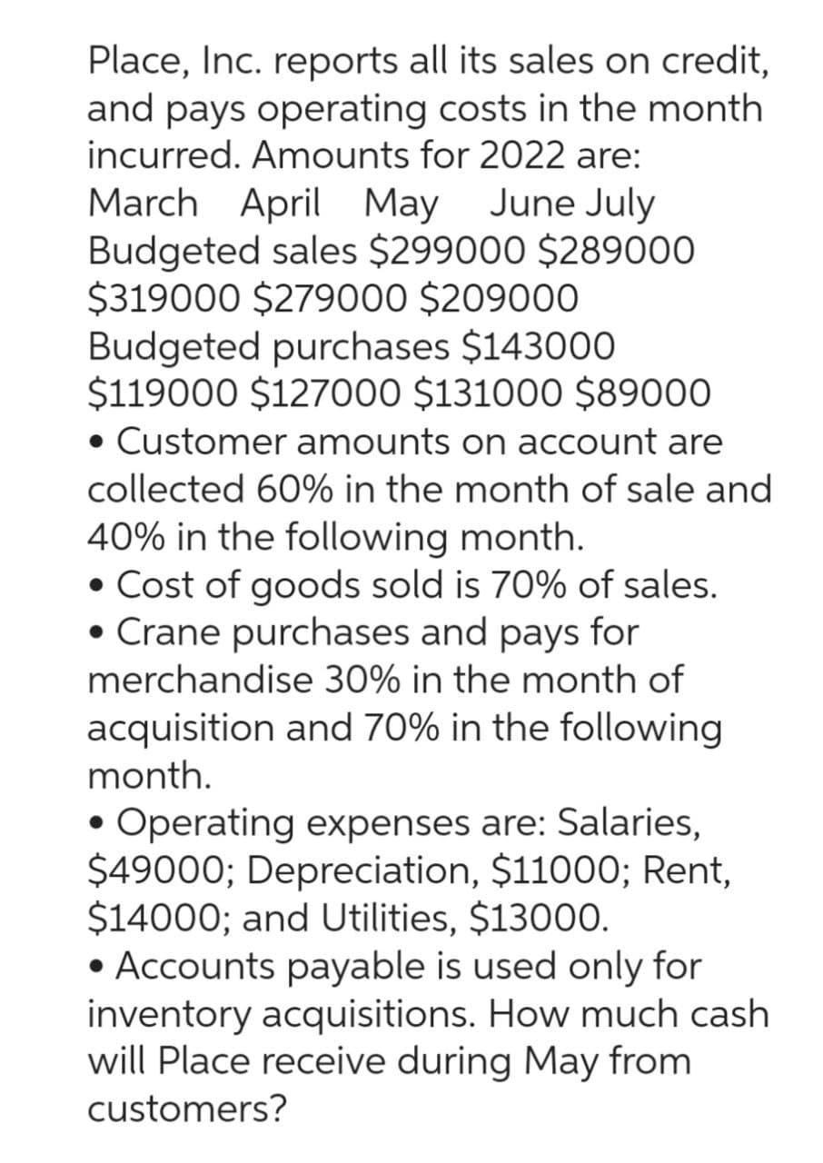 Place, Inc. reports all its sales on credit,
and pays operating costs in the month
incurred. Amounts for 2022 are:
March April May June July
Budgeted sales $299000 $289000
$319000 $279000 $209000
Budgeted purchases $143000
$119000 $127000 $131000 $89000
• Customer amounts on account are
collected 60% in the month of sale and
40% in the following month.
• Cost of goods sold is 70% of sales.
• Crane purchases and pays for
merchandise 30% in the month of
acquisition and 70% in the following
month.
• Operating expenses are: Salaries,
$49000; Depreciation, $11000; Rent,
$14000; and Utilities, $13000.
• Accounts payable is used only for
inventory acquisitions. How much cash
will Place receive during May from
customers?