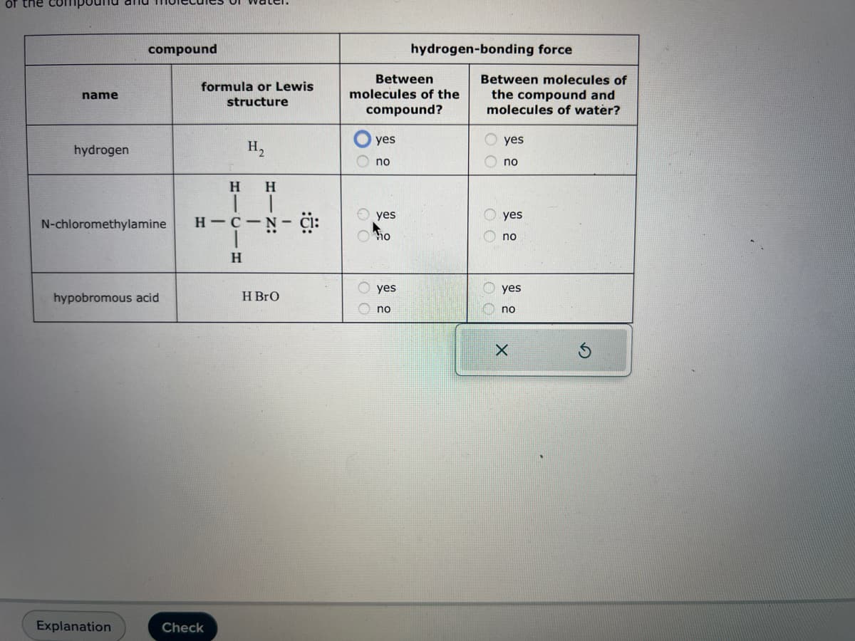 name
hydrogen
compound
hypobromous acid
Explanation
formula or Lewis
structure
N-chloromethylamine HIC-
|
H
H₂
Check
HH
N- CI:
HBrO
Between
molecules of the
compound?
yes
DO
no
yes
Oo
yes
hydrogen-bonding force
no
Between molecules of
the compound and
molecules of water?
00
00
yes
no
yes
no
yes
no
X