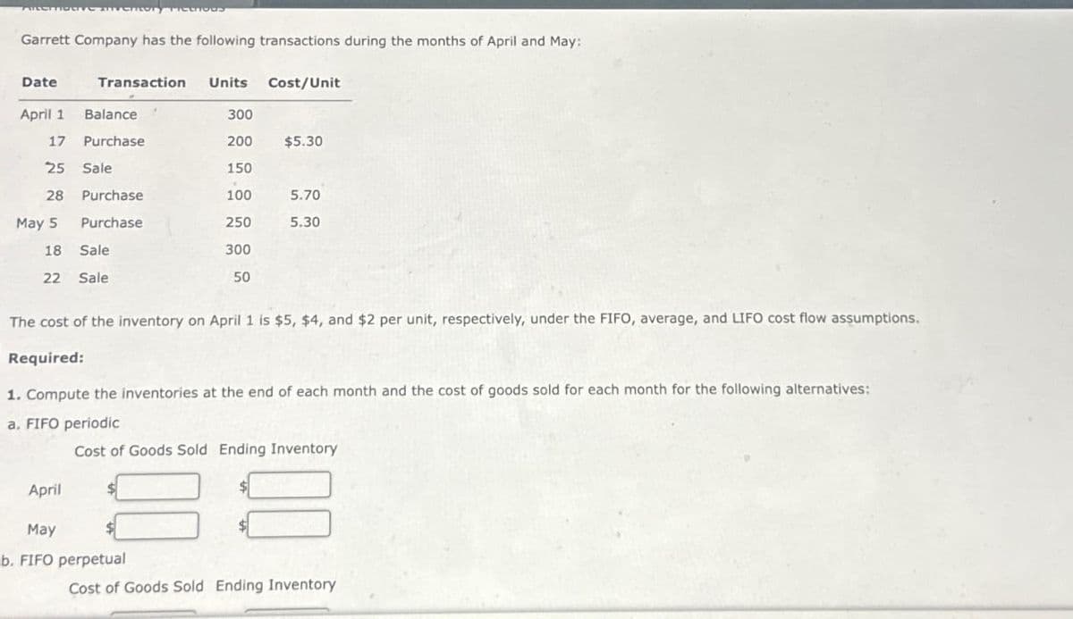 Garrett Company has the following transactions during the months of April and May:
Units Cost/Unit
Date
Transaction
April 1 Balance
300
17 Purchase
200
$5.30
25 Sale
150
28 Purchase
100
5.70
May 5
Purchase
250
5.30
18 Sale
300
22 Sale
50
The cost of the inventory on April 1 is $5, $4, and $2 per unit, respectively, under the FIFO, average, and LIFO cost flow assumptions.
Required:
1. Compute the inventories at the end of each month and the cost of goods sold for each month for the following alternatives:
a. FIFO periodic
Cost of Goods Sold Ending Inventory
April
May
b. FIFO perpetual
Cost of Goods Sold Ending Inventory