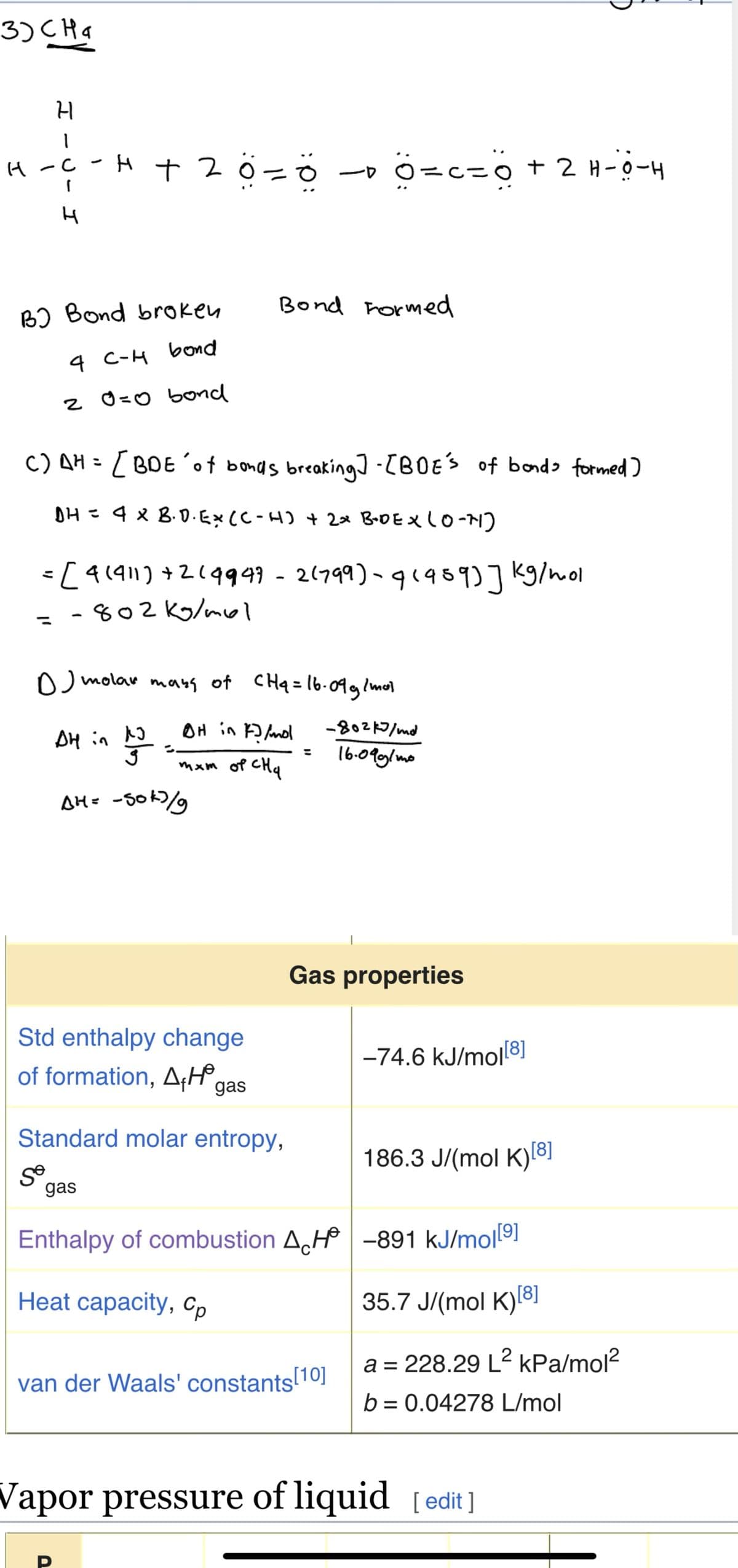 3) Сна
H1
1
C - H + 20-0
(
H
H
во Bond brokeu
4 C-H bond
20=0 bond
C) AH = [BDE ´ of bonds breaking] - [BOE's of bonds formed)
DH = 4 x B.D.Ex (C-H) + 2x B-DEX (0-7)
= [4 (911) +2(9947 - 2(799)-9 (959)] kg/mol
-802 kg/mol
1
DJ molar mans of CH4=16-09 g/mol
-80215/md
16.09g/mo
AH in
Bond Formed
了
13
gas
g
AH = -sok)/g
P
-D
· 0=c=0 + 2 H-O-H
OH in F? /mol
mxm of CHq
Std enthalpy change
of formation, AH gas
Standard molar entropy,
Se
Gas properties
van der Waals' constants[10]
-74.6 kJ/mol[8]
Enthalpy of combustion AH-891 kJ/mol[⁹]
Heat capacity, Cp
186.3 J/(mol K)[8]
35.7 J/(mol K)[8]
2
a = 228.29 L² kPa/mol²
b = 0.04278 L/mol
Vapor pressure of liquid [edit]