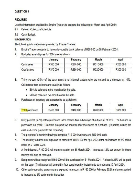 QUESTION 4
REQUIRED
Use the information provided by Empire Traders to prepare the following for March and April 2024:
4.1 Debtors Collection Schedule
4.2 Cash Budget.
INFORMATION
The following information was provided by Empire Traders:
1. Empire Traders expects to have a favourable bank balance of R60 000 on 28 February 2024.
2. Budgeted sales figures for 2024 are as follows:
January
R320 000
R370 000
3.
Cash sales
Credit sales
5.
Thirty percent (30%) of the cash sales is to informal traders who are entitled to a discount of 10%.
Collections from debtors are usually as follows:
80% is collected in the month after the sale.
20% is collected two months after the sale.
4. Purchases of inventory are expected to be as follows:
January
February
R410 000
R460 000
6.
7.
February
R370 000
R390 000
Total purchases
March
R310000
R320000
April
R250 000
R300 000
March
R400 000
Sixty percent (60%) of the purchases is for cash to take advantage of a discount of 15%. The balance is
purchased on credit. Creditors are paid two months after the month of purchase. (Separate entries for
cash and credit payments are required.)
The proprietor's monthly drawings comprise R12 000 inventory and R10 000 cash.
The monthly salaries are expected to amount to R194 400 for April 2024 after an increase of 8% takes
effect on 01 April 2024.
8.
A fixed deposit, R100 000, will mature (expire) on 31 March 2024. Interest at 12% per annum for three
months will also be received.
9. Equipment with a cost price R160 000 will be purchased on 31 March 2024. A deposit 25% will be paid
on this date. The balance will be paid in four equal monthly instalments commencing 30 April 2024.
10. Other cash operating expenses are expected to amount to R160 000 for February 2024 and are expected
to increase by 5% each month thereafter.
April
R380 000