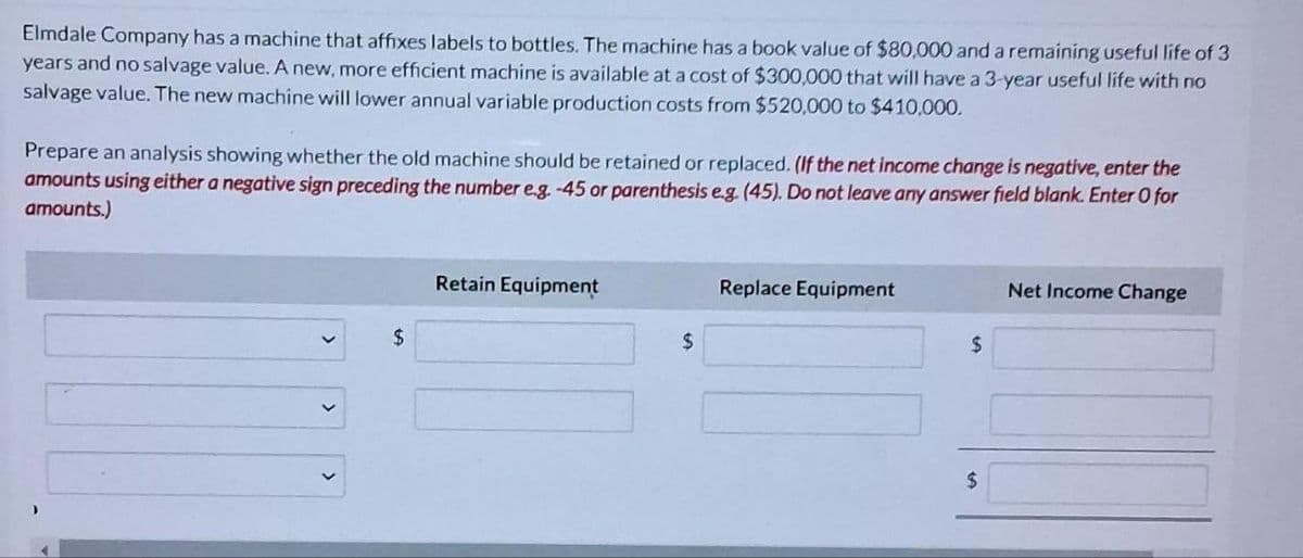 Elmdale Company has a machine that affixes labels to bottles. The machine has a book value of $80,000 and a remaining useful life of 3
years and no salvage value. A new, more efficient machine is available at a cost of $300,000 that will have a 3-year useful life with no
salvage value. The new machine will lower annual variable production costs from $520,000 to $410,000.
Prepare an analysis showing whether the old machine should be retained or replaced. (If the net income change is negative, enter the
amounts using either a negative sign preceding the number e.g. -45 or parenthesis e.g. (45). Do not leave any answer field blank. Enter O for
amounts.)
$
Retain Equipment
$
Replace Equipment
$
$
Net Income Change