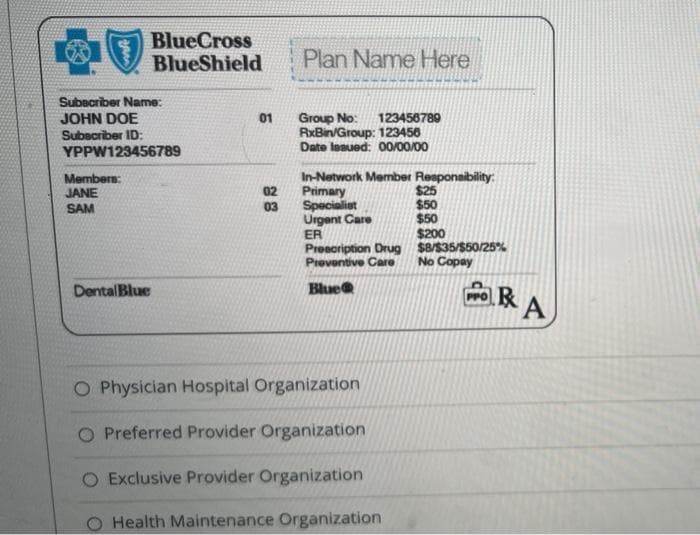 BlueCross
BlueShield
Plan Name Here
Subecriber Name:
JOHN DOE
Subecriber ID:
YPPW123456789
01
Group No:
RxBin/Group: 123456
Date lesued: 00/00/00
123456780
In-Network Member Responaibility:
Primary
Specialiet
Urgent Care
ER
Preaoription Drug $8/S35/S50/25%
Preventive Care
Members:
JANE
$25
$50
$50
$200
02
03
SAM
No Copay
RA
Dental Blue
Blue
O Physician Hospital Organization
Preferred Provider Organization
O Exclusive Provider Organization
Health Maintenance Organization
