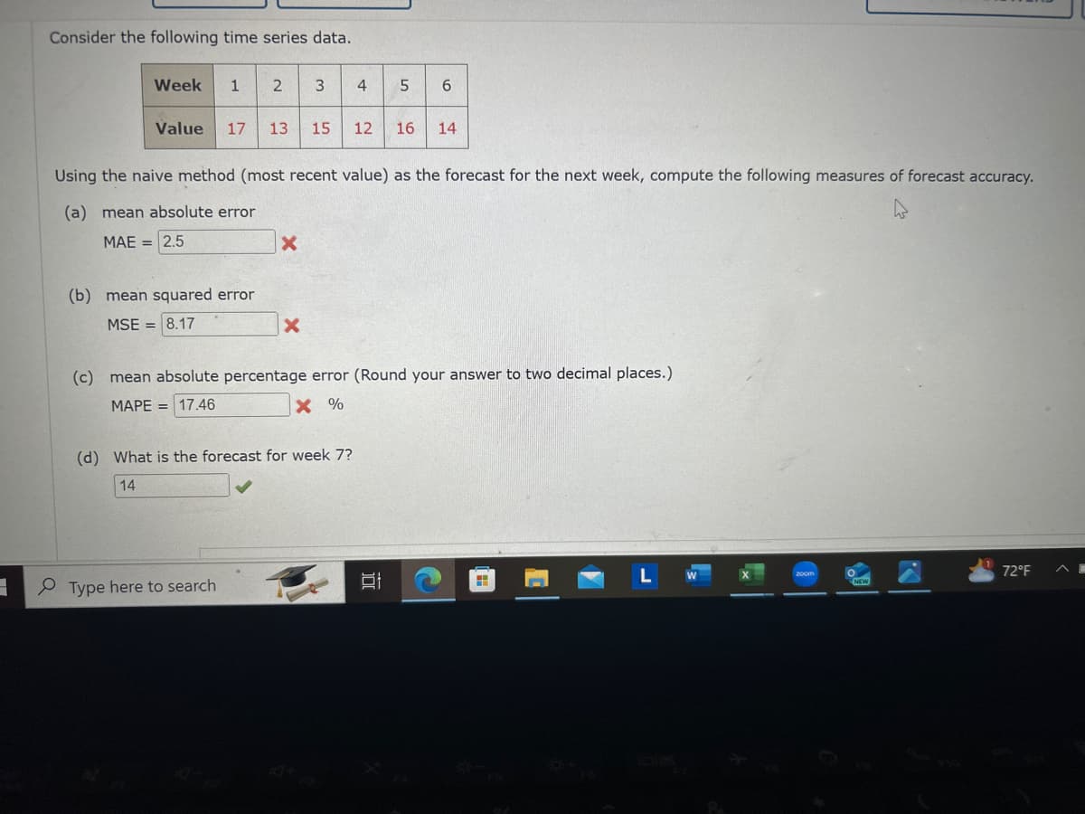 Consider the following time series data.
Week
1
2
3
4
5
6
Value 17 13 15
12
16
14
Using the naive method (most recent value) as the forecast for the next week, compute the following measures of forecast accuracy.
(a) mean absolute error
MAE= 2.5
(b) mean squared error
MSE=8.17
x
×
(c) mean absolute percentage error (Round your answer to two decimal places.)
MAPE 17.46
× %
(d) What is the forecast for week 7?
14
Type here to search
車
L W
zoom
°
NEW
72°F
^